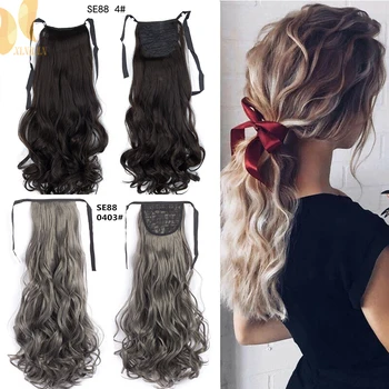 

XINRAN Long Wavy Wrap Around Clip In Ponytail Hair Extension Heat Resistant Synthetic Natural Wave Pony Tail Pure Color 22inches
