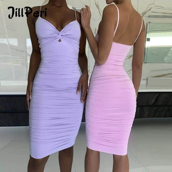 

JillPeri Front Cross Sleeveless Bodycon Dress Elegant Sheath Solid Daily Outfit Sexy Club Wear Street Party Ruched Midi Dress