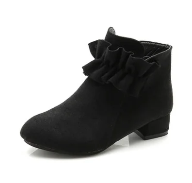 black no fur Children Kids Winter Boots Fashion Cute Flowers Flock Zippers Ankle Boots Low Heels Square Round Toe Warm Shoes pink red black - Цвет: black no fur