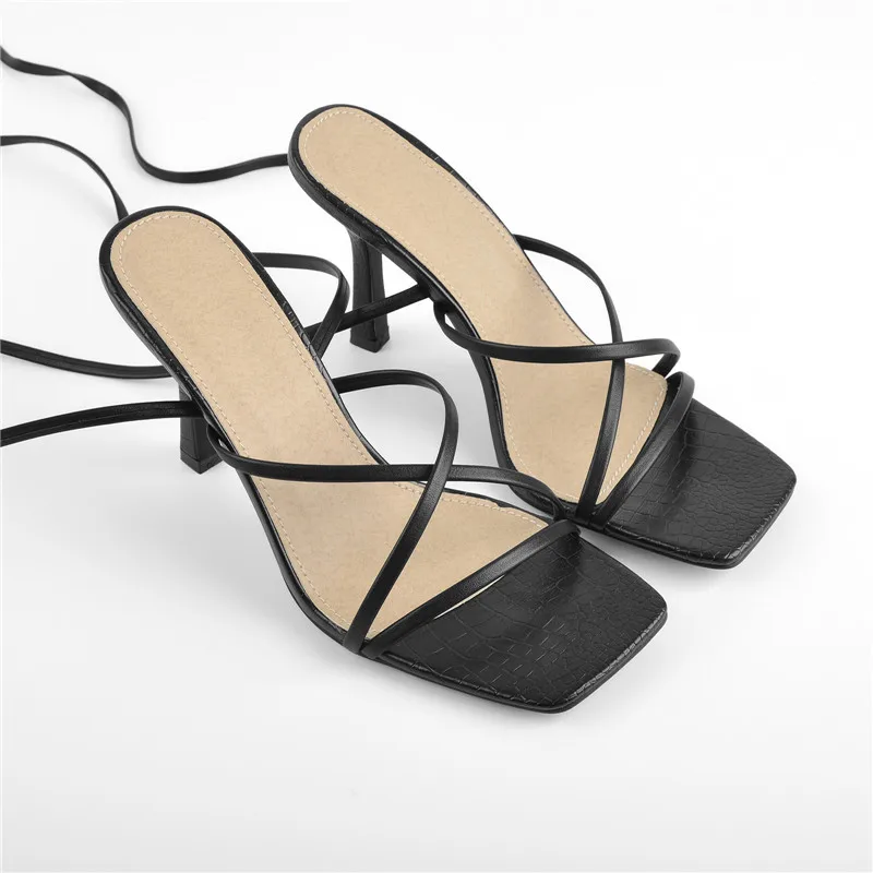 Onlymaker Women's Square Toe Black Beige Strap Stiletto Fashion Big Size Sandals