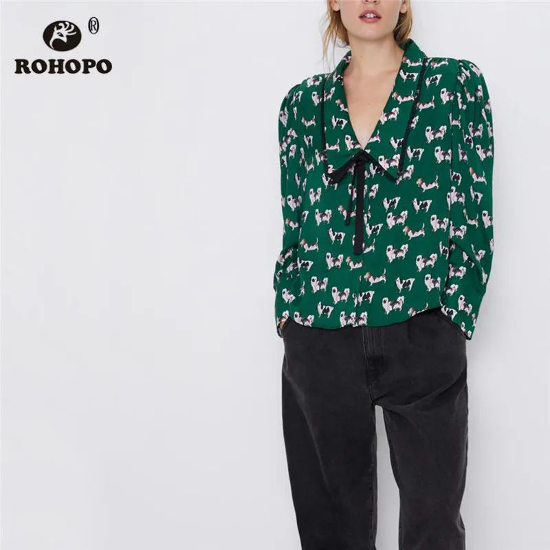 

ROHOPO Long Sleeve Dog Cartoons Printed Green Blouse Lapel Collar Tie Neck Animal Printed Autumn Chhiic Loose Tops Blusa #9359