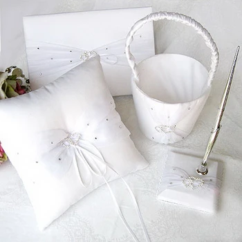 

Linked Hearts Wedding Collection Collection With Rhinestones (Set of 4) Guestbook Ring Pillow Pen Set and Flower Basket