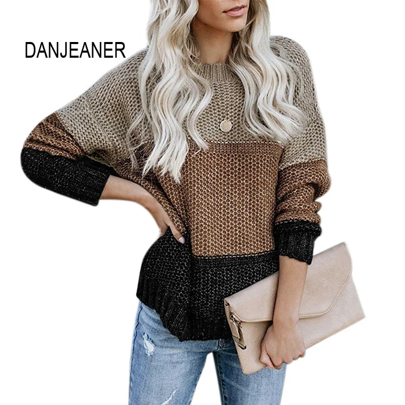 DANJEANER 2019 осень-зима платье в стиле пэчворк полоску с длинными рукавами пуловер