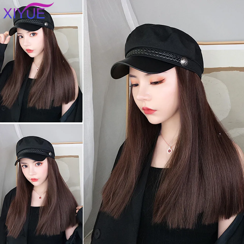 XIYUE Navy Hat With Hair Long Straight Fake Hair Hat Wig Synthetic Hair Extensions Hat With Hair Natural Hairpiece For Women