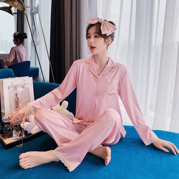 

2 Pieces Autumn Women Sleepwear Faux Silk Satin Pajamas Set Long Sleeve Pajamas for women Ladies Pyjamas