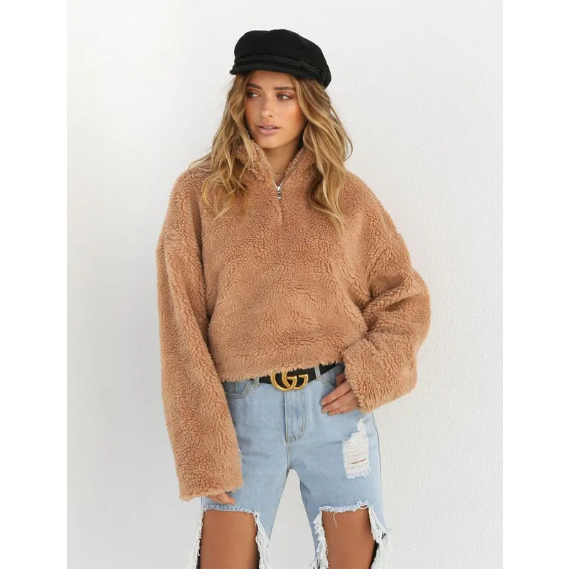 Autumn Winter Women Sweaters Warm Fur Wool Knitted Turtleneck Top Fluffy Crop Pullovers Jumper Zip Up Loose Knitwear Female