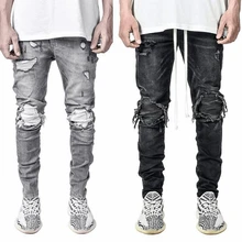 Pantalones vaqueros rasgados de Color sólido para hombre, Jeans elásticos Vintage con cordones de cintura media para motocicleta, Otoño e Invierno