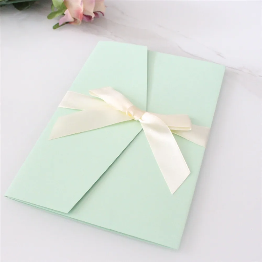 50Pcs Blank Copper Wedding Invitations Pockets With Envelopes and Ribbons For Party Invite Custoized Text Printing