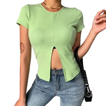 

Stretchy Short Sleeve front Split Crop Top Women 2020 Summer Green Black Tight Rib-knitted Plain Sexy Exposed Navel T-shirt