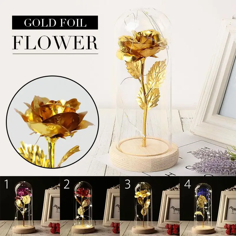 

Rose Flower Eternal Flower Gold Foil Rose Immortality Romantic LED Luminous Glass Cover Wedding Decoration Gift Valentine'S Day