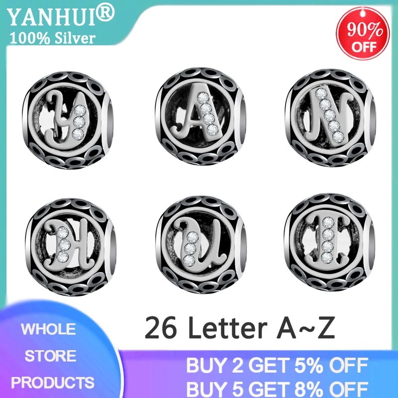 

YANHUI Authentic 925 Sterling Silver Vintage A to T Alphabet Letter Beads Fit Original Charm Bracelets DIY Jewelry Gift SCC738