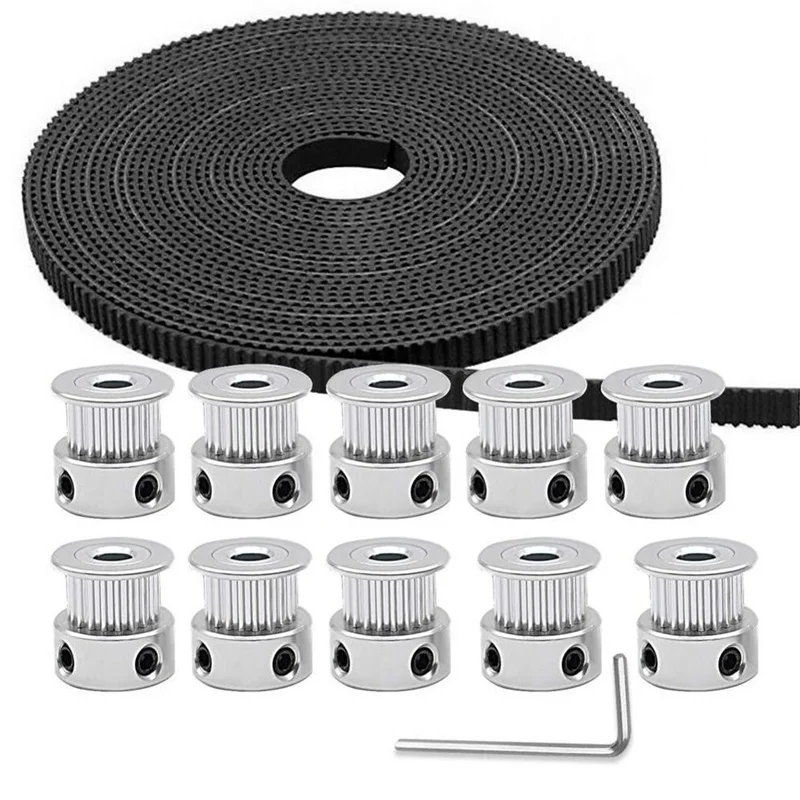 GT2 Timing Belt Pulley+10pcs 5mm 20 Teeth Timing Pulley Wheel timing belt pulley timing pulley belt pulley and GT2 5 Meters Rubber 2mm Pitch 6mm Wide Belt with Allen