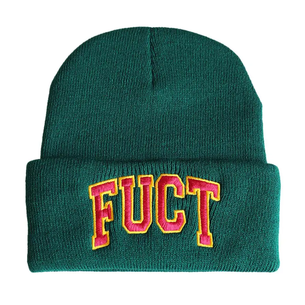 Embroidery FUCT Billie Eilish Beanies Hats Cuffed Plain Beanie Warm Winter Knitted Hats for Men Women Hip-hop Casual Cuffed Bean - Цвет: Зеленый