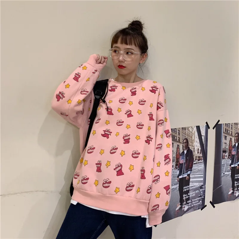 Harajuku/корейский бренд; толстовки с принтом динозавра в Корейском стиле; Милая толстовка с длинными рукавами; цвет розовый; повседневные свободные пуловеры с круглым вырезом; большие размеры
