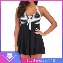 Женский купальник-танкини в полоску больших размеров, купальный костюм, пляжная одежда с подкладкой, Цельный купальник с юбкой для женщин# G4