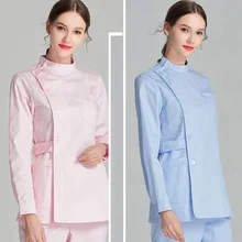 Скраб-Топ с длинным рукавом для женщин, модная медицинская форма, стоячий воротник, клиника, стоматолог, пальто с регулируемыми поясными ремнями