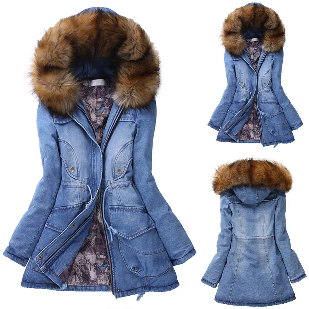 Winter Coat Women Denim Jacket Womens Long Thick Fur Collar Hooded Down Jacket Slim Winter Warm Jeans Coat abrigo mujer