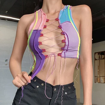 

Women Sexy Hollow Out Crop Top Women Summer 2020 E-girl Cami Cute Tops Print Gothic Backless Basic Tee Vintage Topic Female