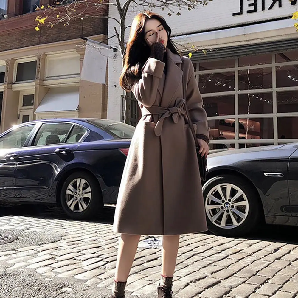Женское зимнее шерстяное пальто с лацканами, пальто с длинным рукавом, верхняя одежда, модная новинка, однотонная теплая верхняя одежда с поясом, женское длинное пальто черного цвета
