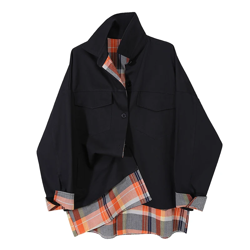Fake Two Woman Autumn Black Khaki Plaid Patchwork