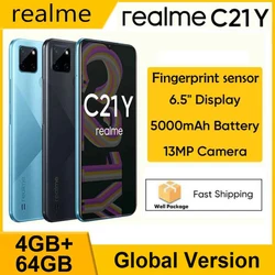 Realme – Smartphone C21Y, Version globale, 4 go 64 go, huit cœurs avec 3 emplacements pour cartes, batterie 5000mAh, capteur d'empreintes digitales, Stock au brésil 