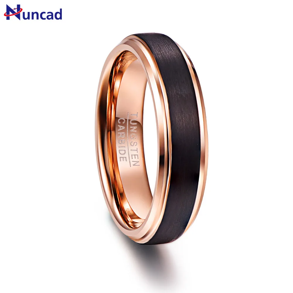 

NUNCAD 6mm Rose Gold Plating Tungsten Carbide Rings for Men Black Brushed Wedding Band Step Beveled Edge T024R
