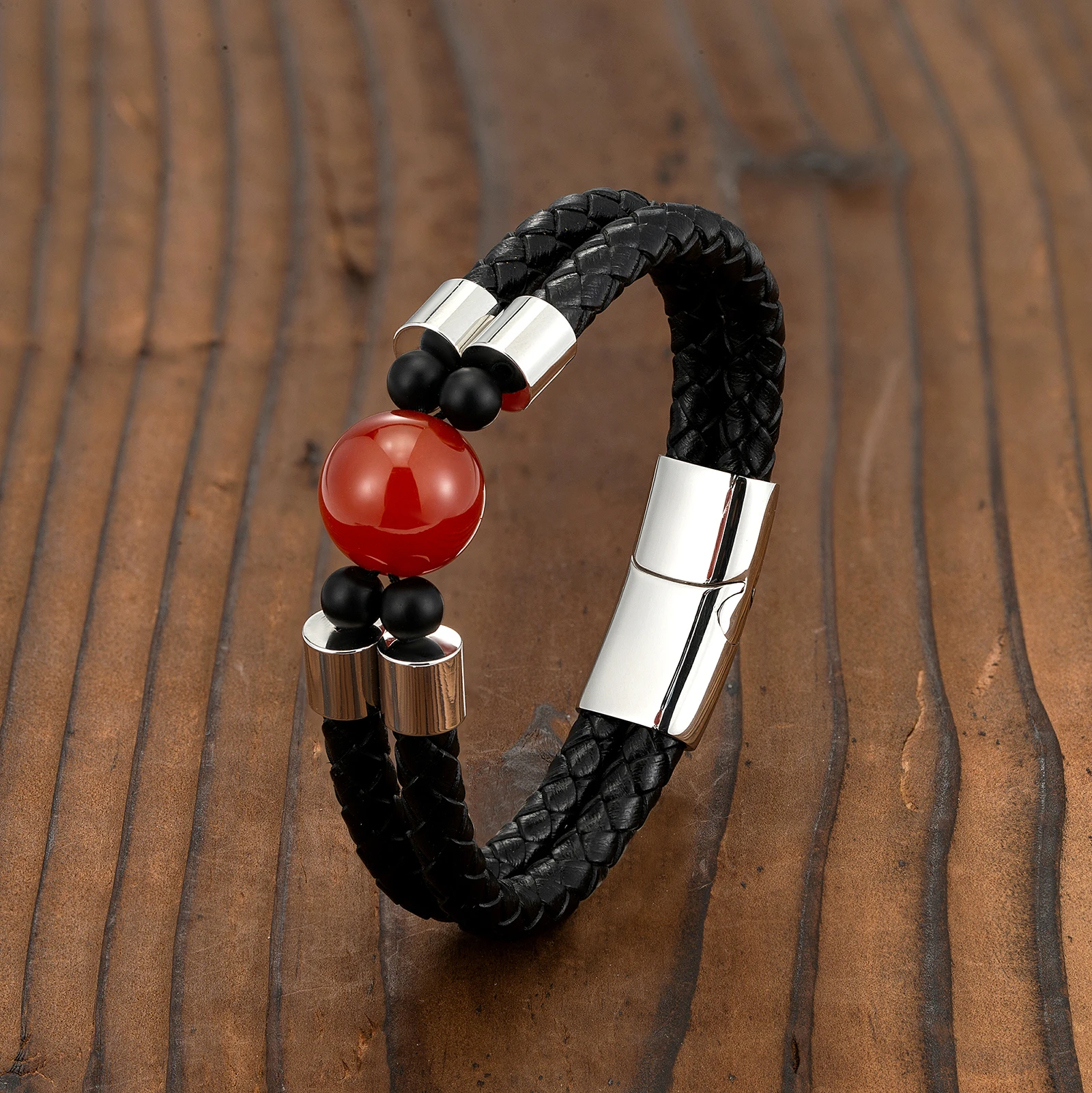 European and American Retro Style 16mm Natural Tiger’s Eye Double-row Leather Cord Bracelet Stainless Steel Magnet Buckle Bracel