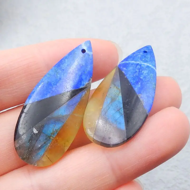 Natural Lapis Lazuli,Obsidian,Labradorite,Yellow Opal Handmade Drilled Earring Bead 38x16x5mm 9g Fashion Jewelry Earrings