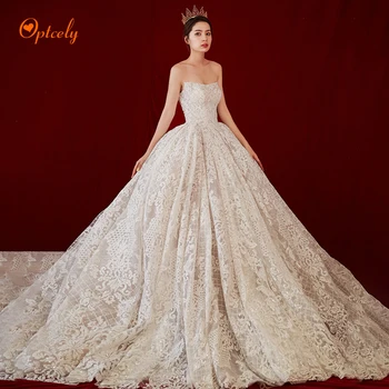 

Optcely Robe De Mariee New Arrival Vintage Lace 2020 Wedding Dress Strapless Ball Gown Beautiful Backless Court Train Bride Gown
