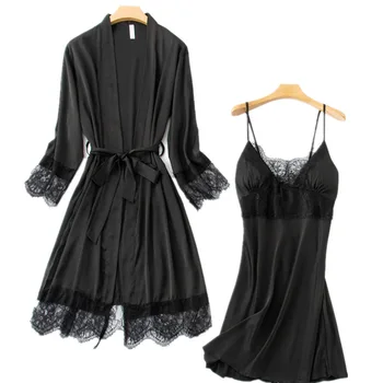 

Silky Nightwear Female Intimate Lingerie Satin 2PCS Sleep Set Nighty&Robe Suit Casual Kimono Robe Home Dressing Gown Bathrobe