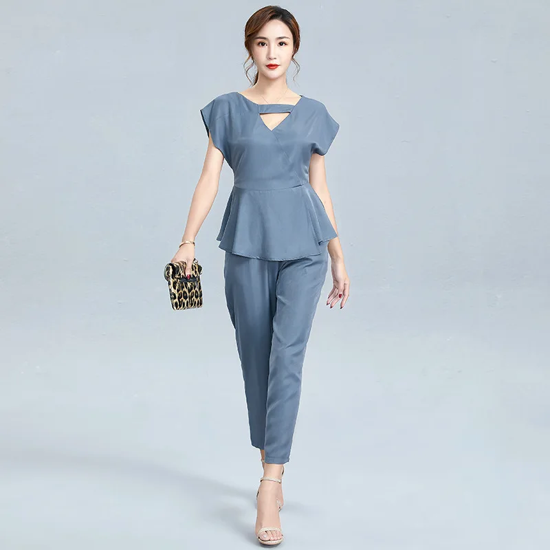 

2020 Summer New Women's V-neck Sleeveless Straight-Leg Pants Casual Suit Ruffles Trousers Solid Color Two-Piece Women