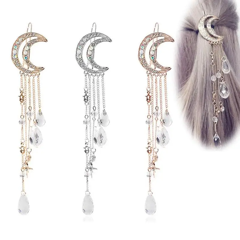 

1pc New studded Fashion Moon Tassel Five-pointed Star Pendant Hairpin Vintage Fringed Crescent Hair Clip Hair Accessory