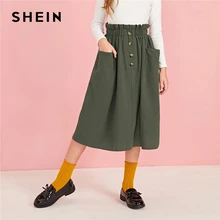 SHEIN/детская повседневная юбка армейского зеленого цвета с пуговицами спереди г., Осенняя детская юбка средней длины с карманами на талии