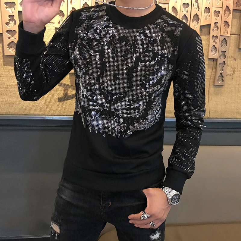 Men Sequin Printing Tiger Head Loose 