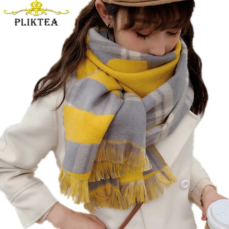 Толстый теплый желтый кашемировый клетчатый шарф, женские зимние шарфы, пончо, женский шарф-одеяло, женский теплый шарф из пашмины