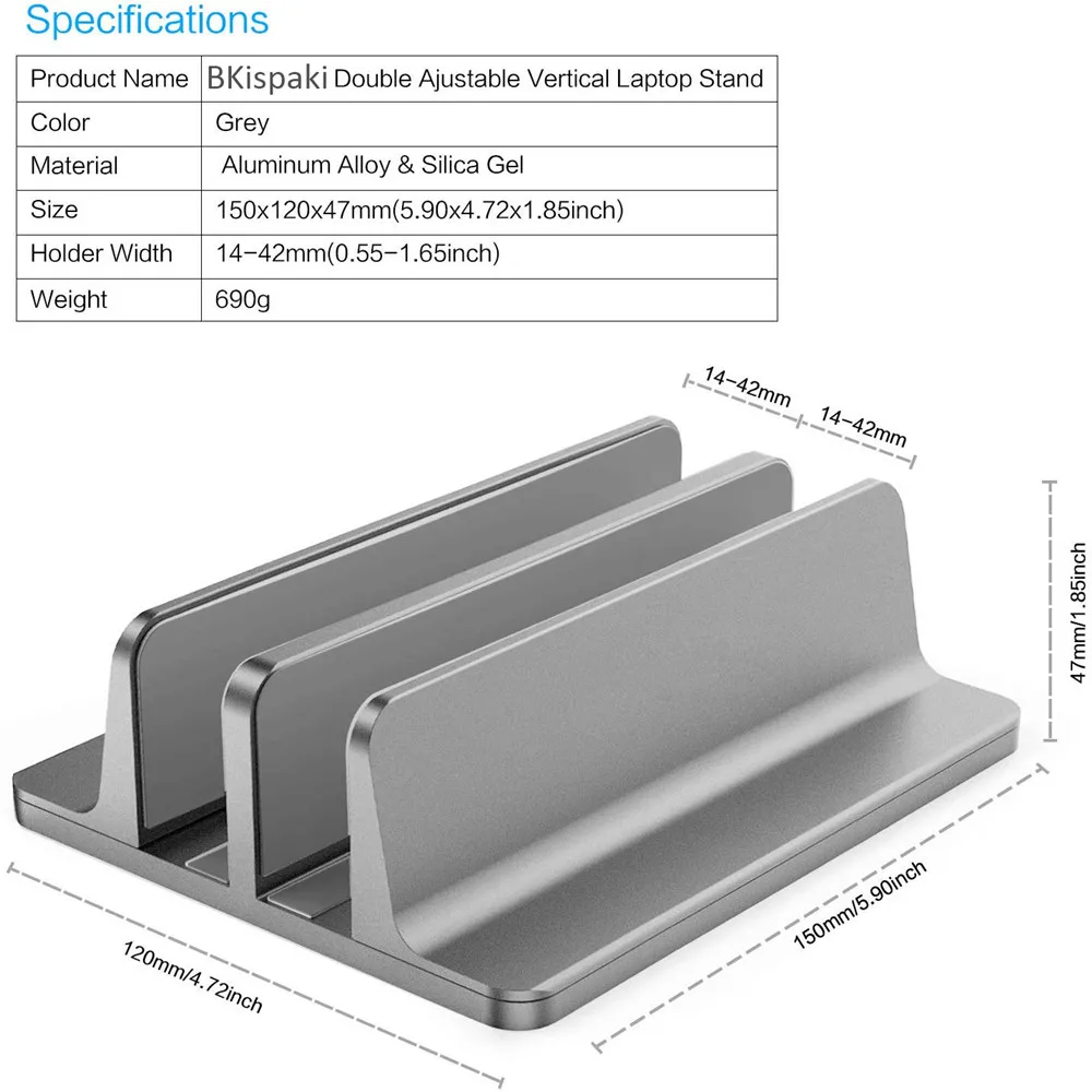 Liga de Alumínio Suporte para Macbook para Superfície Base Ajustável Notebook Erigido Duplo Espaço Titular Metal Vertical Mesa Portátil - Imagem 2