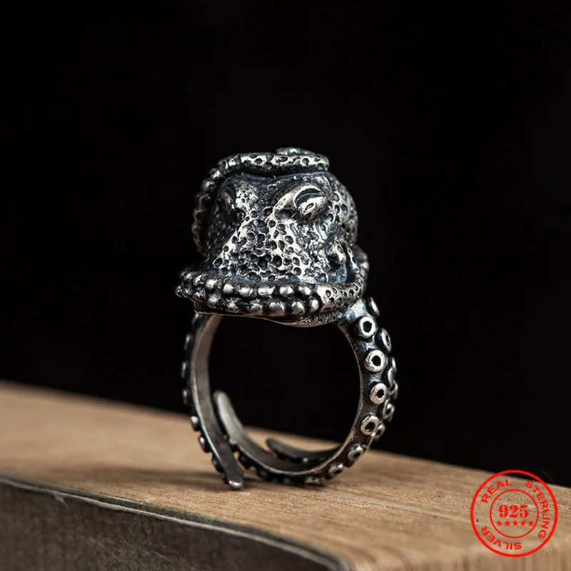 MKENDN moře živočich gotický prsten 100% 925 mincovní stříbro chobotnice motorkář prsten pro muži a ženy ulice boky chmel punková temný šperků