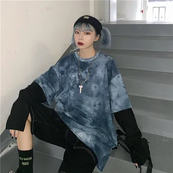 

Lychee Harajuku Patchwork Long Sleeve Women Sweatshirt Tie Dyeing Fake 2 Piece Women Sweatshirt Crew Neck Loose Lady Pullovers