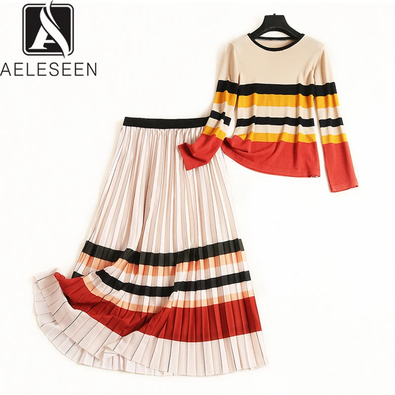 

AELESEEN Office Lady Striped Twinset 2019 Autumn Elegant Contrast Color Top + Elastic Waist Luxury Pleated Mid-Calf Skirt Suits