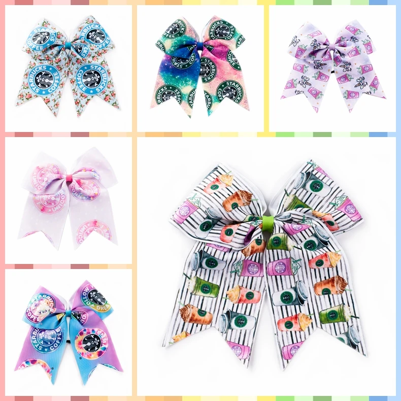 8pcs/lot 7'' Print cute ribbon Large Cheer Bows With Elastic Band Handmade girl Headwear Bow Hair Bands | Дом и сад