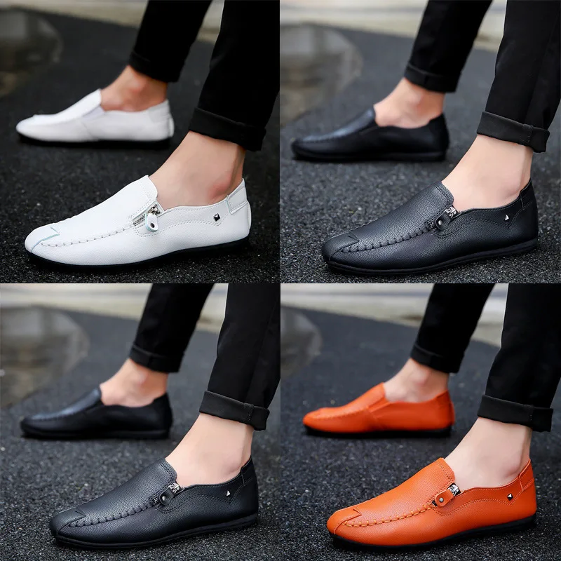 

2019 Autumn New Big Boys Shoes Male Doug Shoe Man Casual Soild Color Zipper Breathable Leather Shoes Drive Car PU Shoes