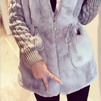 

Women Cardigan Hoodies Loose Fluffy Knitting Stitching Plush Hoodie Hooded Jacket Warm Outerwear Coat