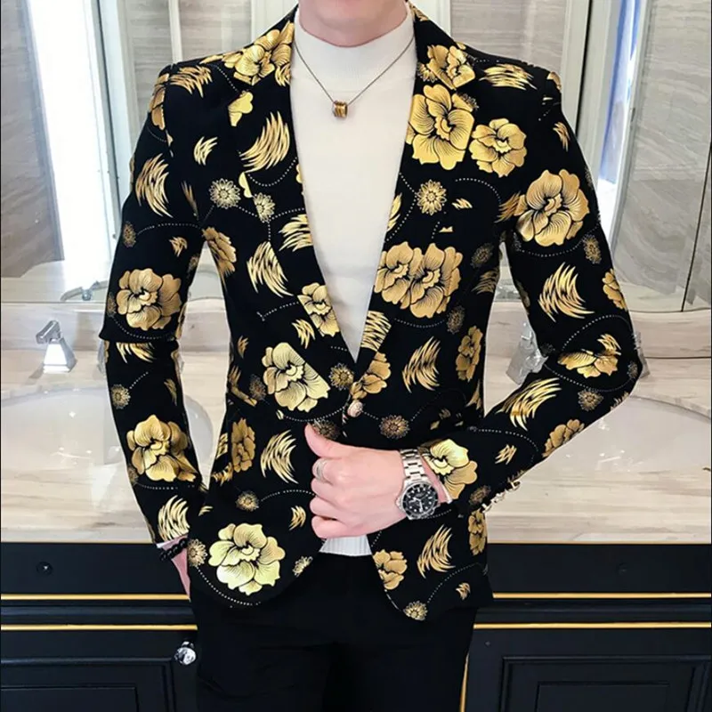

Luxury Brand Gold Tulips Pattern Casual Blazer Men Suit Jacket British Gentleman Wedding Grooms Slim Fit Fashion Coat Outfit