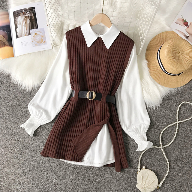 Shirt Knitted Vest Two Piece Sets 2021 Spring Autumn Sweaters Korean Style Lantern Long Sleeve Top Femme Pullovers