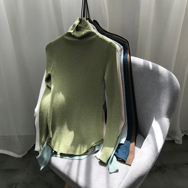 Mooirue, зима, женский свитер Харадзюку, высокий ворот, тонкий, вязанный, эластичный, пуловеры для женщин, зеленый, белый, топы