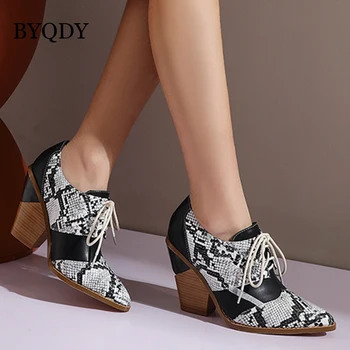 

BYQDY Women Oxfords British Pumps Spring Autumn Pointed Toe Chunky Block High Heels Brogue Shoes Lace Up Wedge Heels Shoes Black