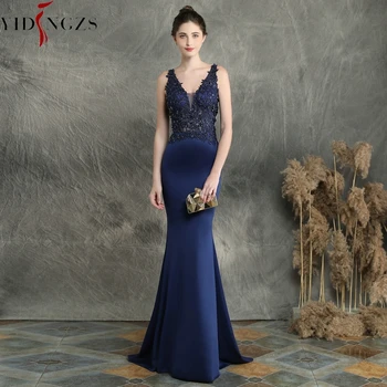 YIDINGZS Navy Blue V-neck Appliques Beaded Long Evening Dress See through Elegant Evening Party Dress YD16158