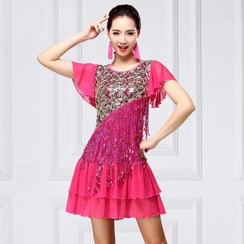 

Shining Latin Dress Ladies Dance Dress Big Size XXXL 2019 Competition Red Fringe Dress Rumba Adult Performance Costume VDB267