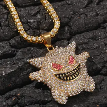 

Hip Hop Full Rhinestone Ice Out Gold Color 316L Stainless Steel Bling Pokemons Gengar Pendants Necklaces for Men Rapper Jewelry