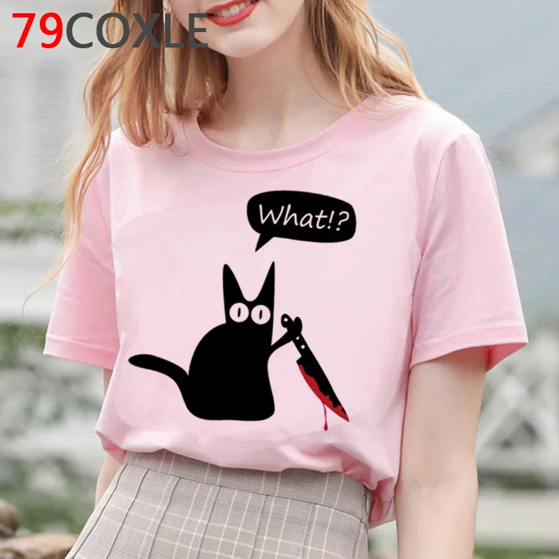 Женская футболка с принтом Cat What в виде мультяшного кота ножом забавная